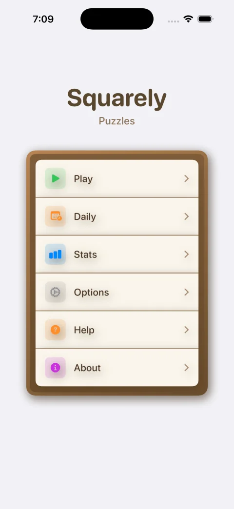 Squarely iOS app — main menu showing Play, Daily, Stats, Options, Help, About